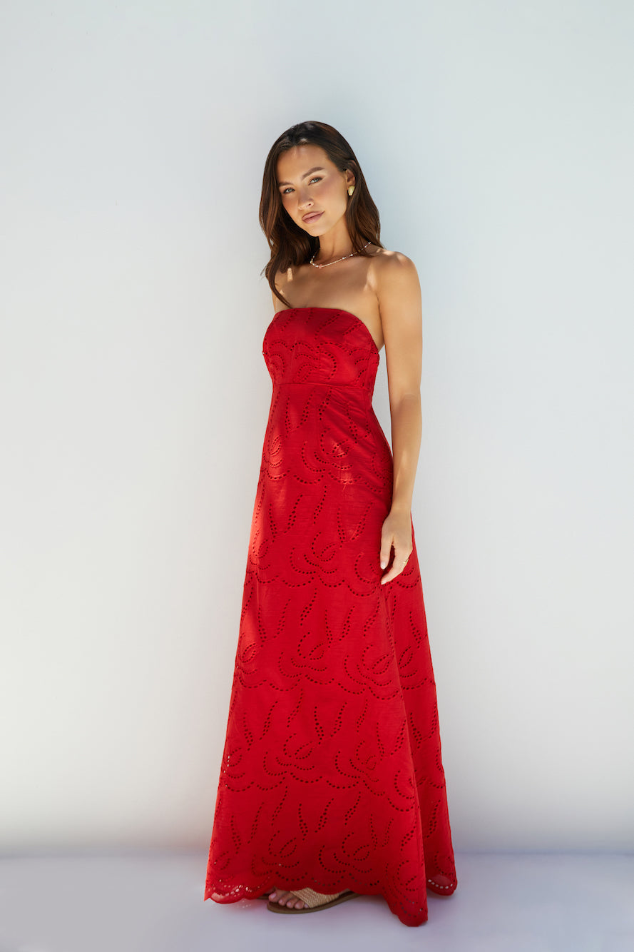 Riviera Rouge Strapless Maxi Dress Red