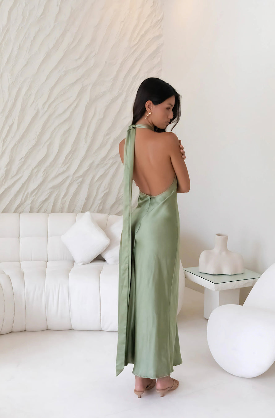 In My Feelings Satin Maxi Dress Olive