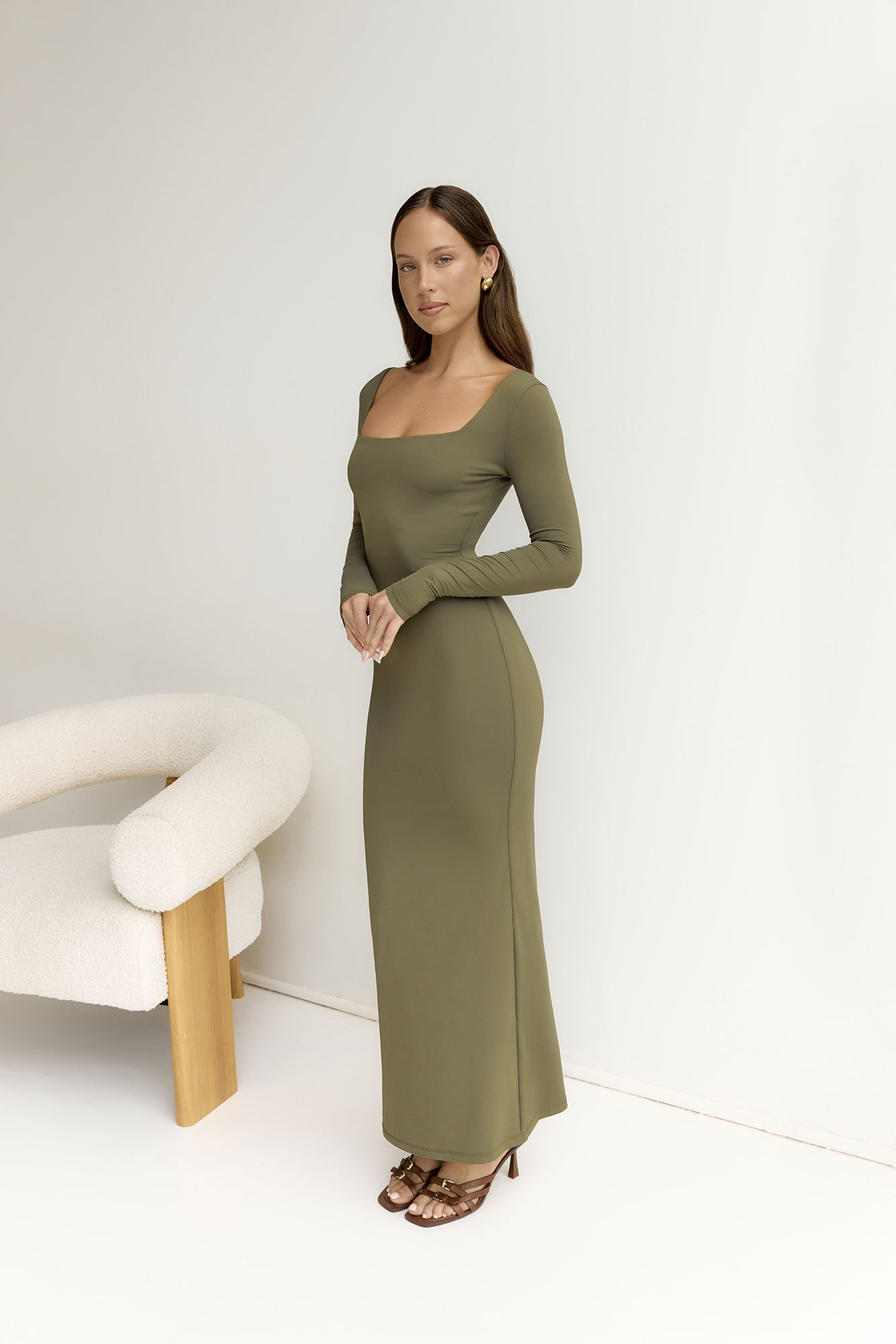 BASE Embrace Shape Long Sleeve Maxi Dress Army