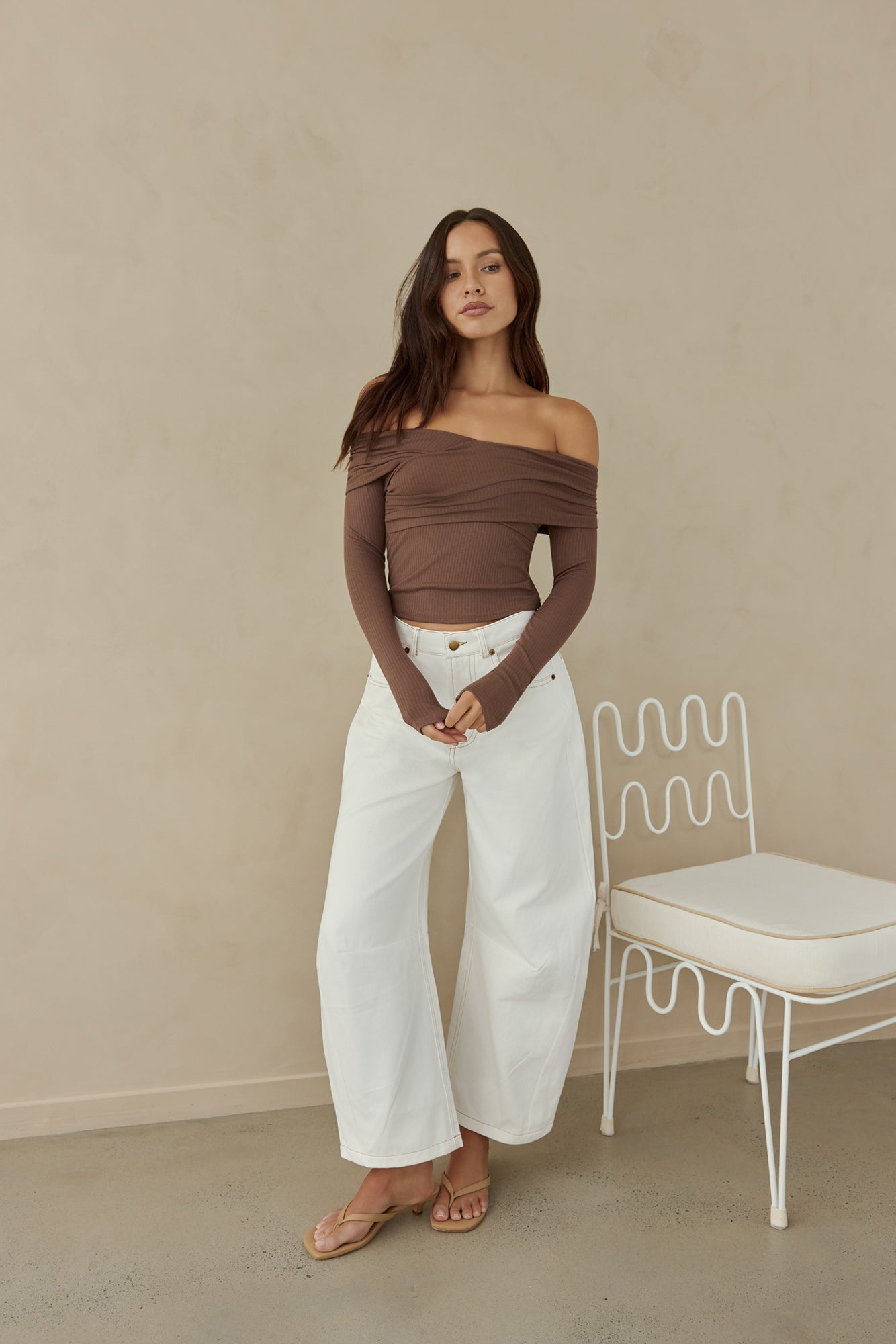 Autumn Dreamer Long Sleeve Off Shoulder Top Brown