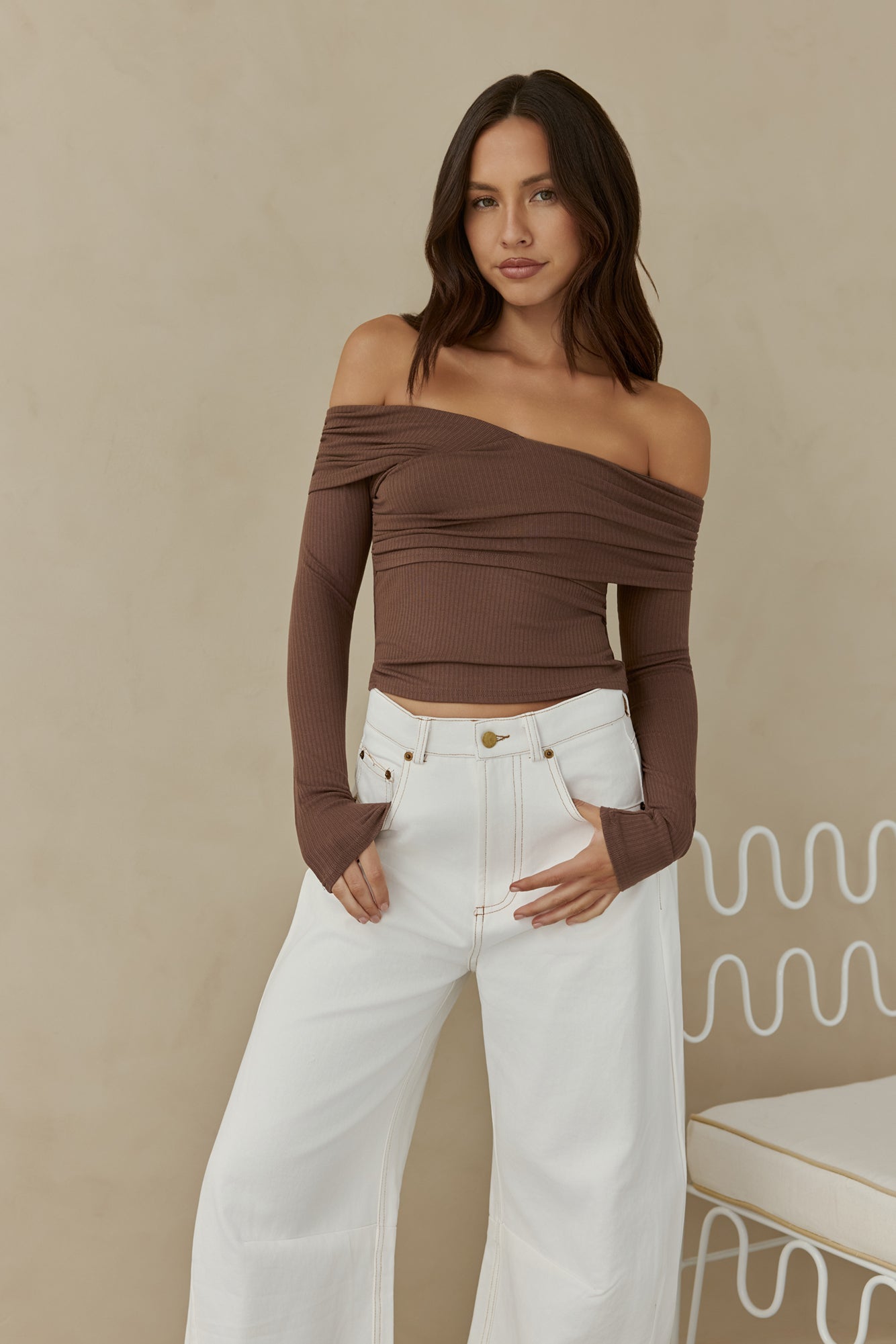 Autumn Dreamer Long Sleeve Off Shoulder Top Brown