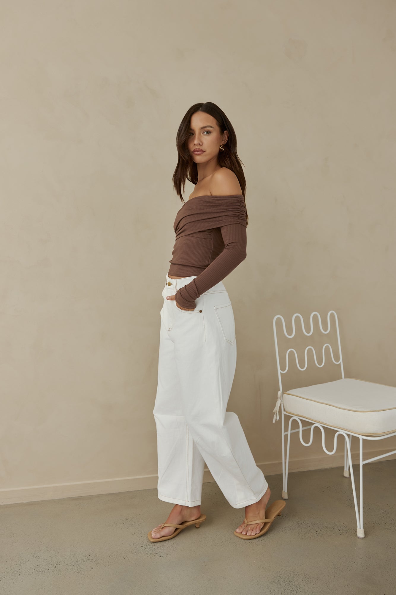 Autumn Dreamer Long Sleeve Off Shoulder Top Brown