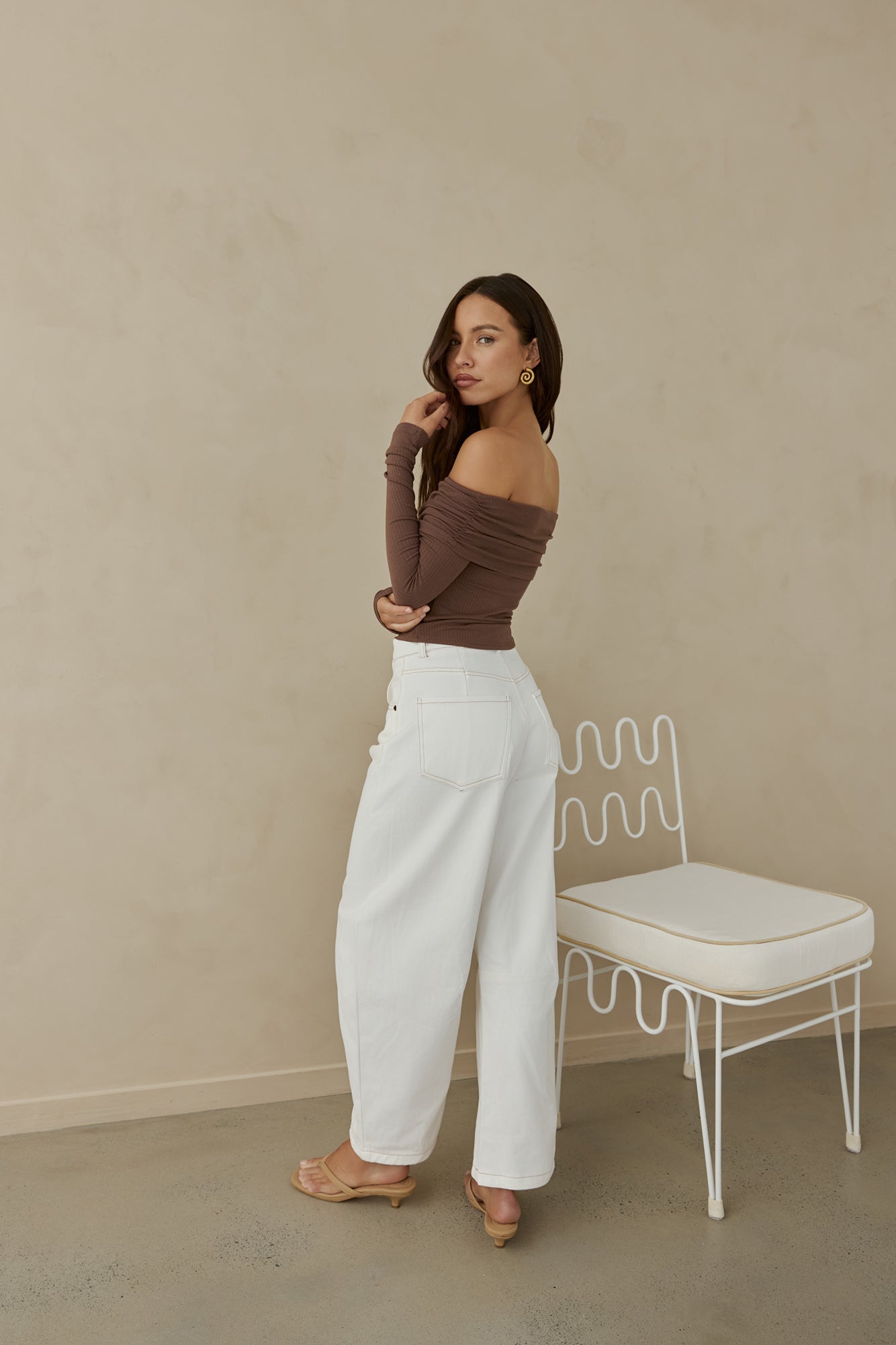 Autumn Dreamer Long Sleeve Off Shoulder Top Brown