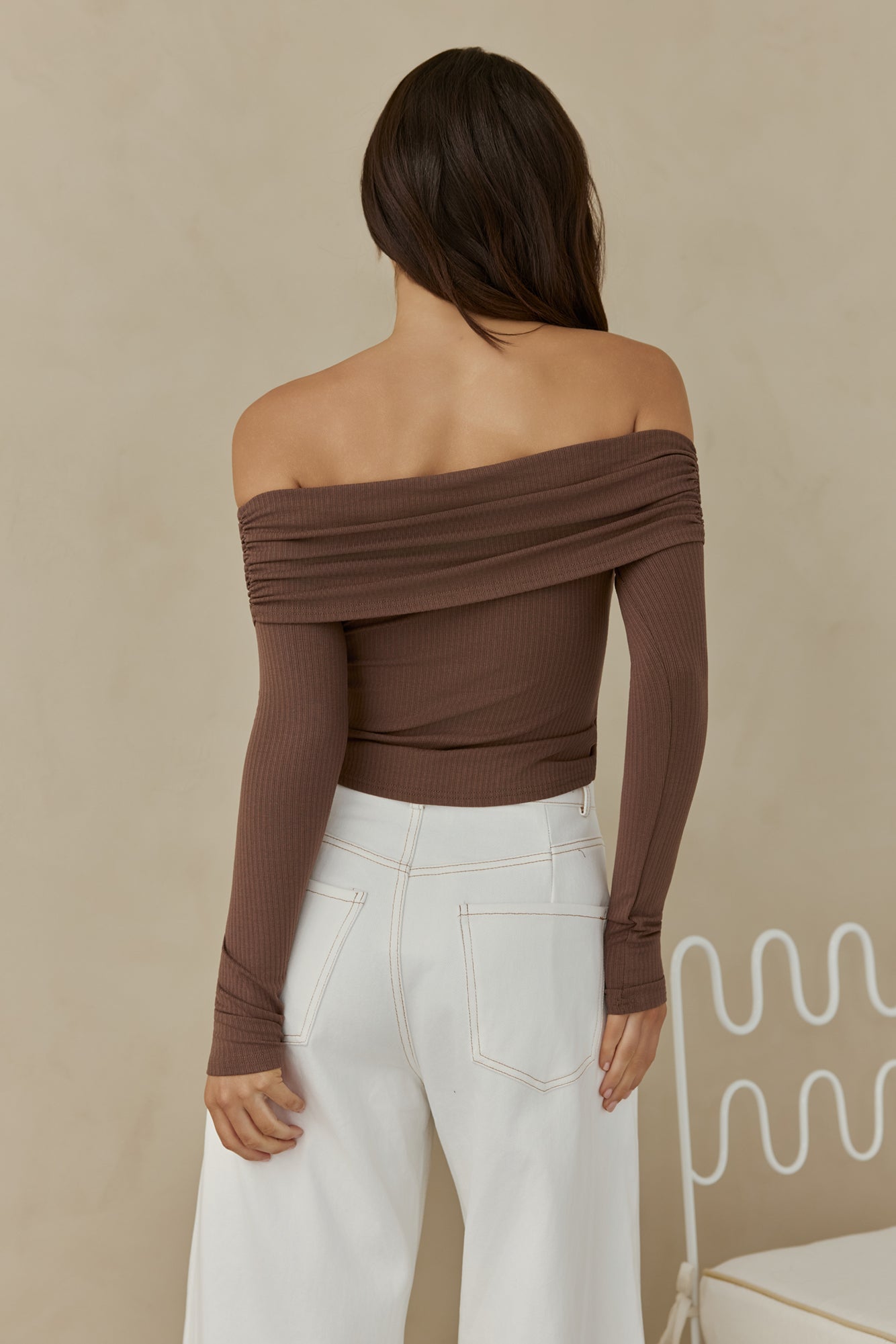 Autumn Dreamer Long Sleeve Off Shoulder Top Brown