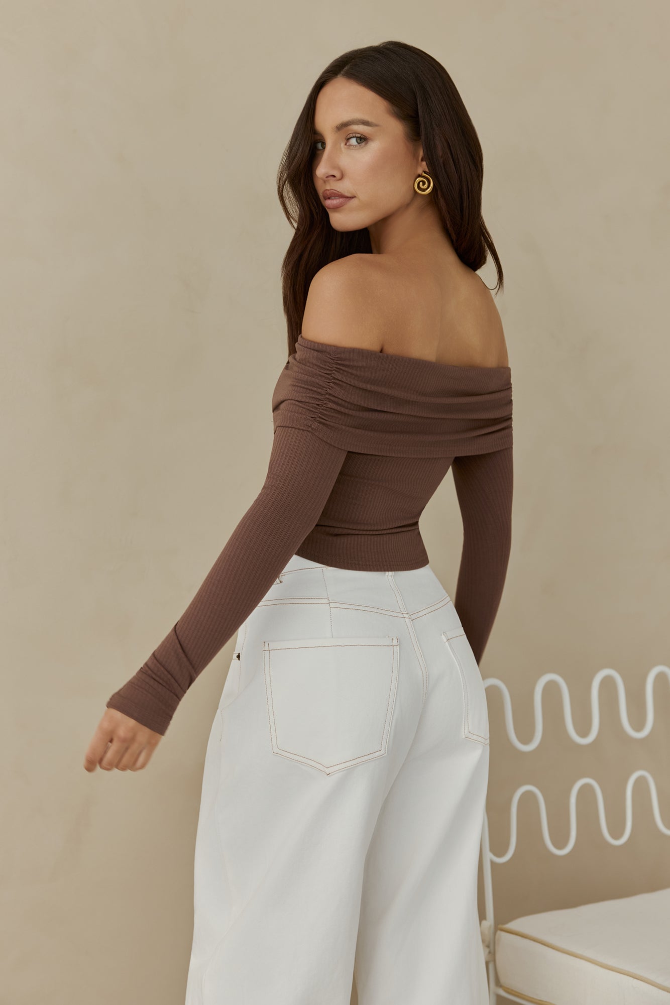 Autumn Dreamer Long Sleeve Off Shoulder Top Brown