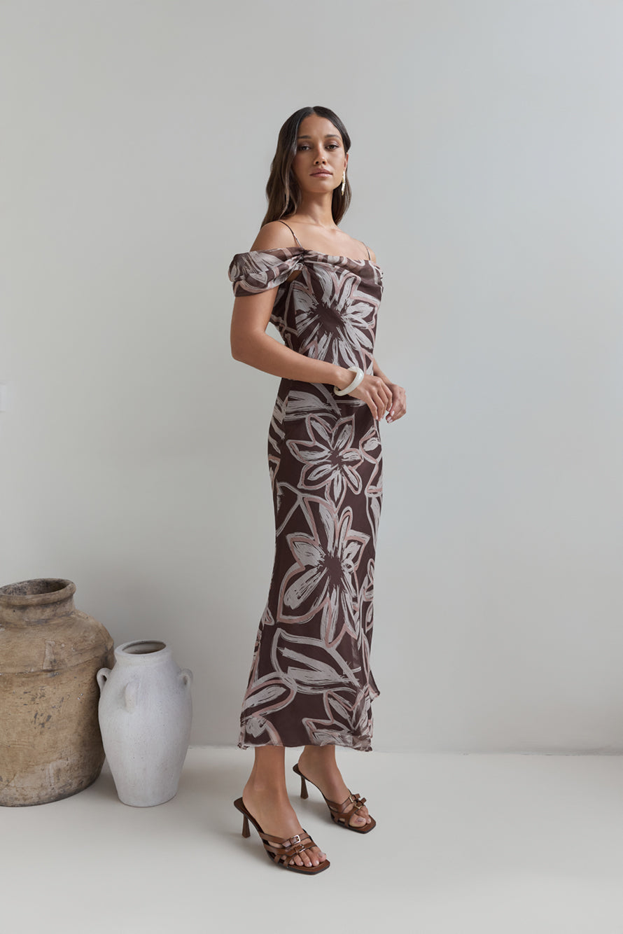 Desert Flower Off Shoulder Maxi Dress Brown