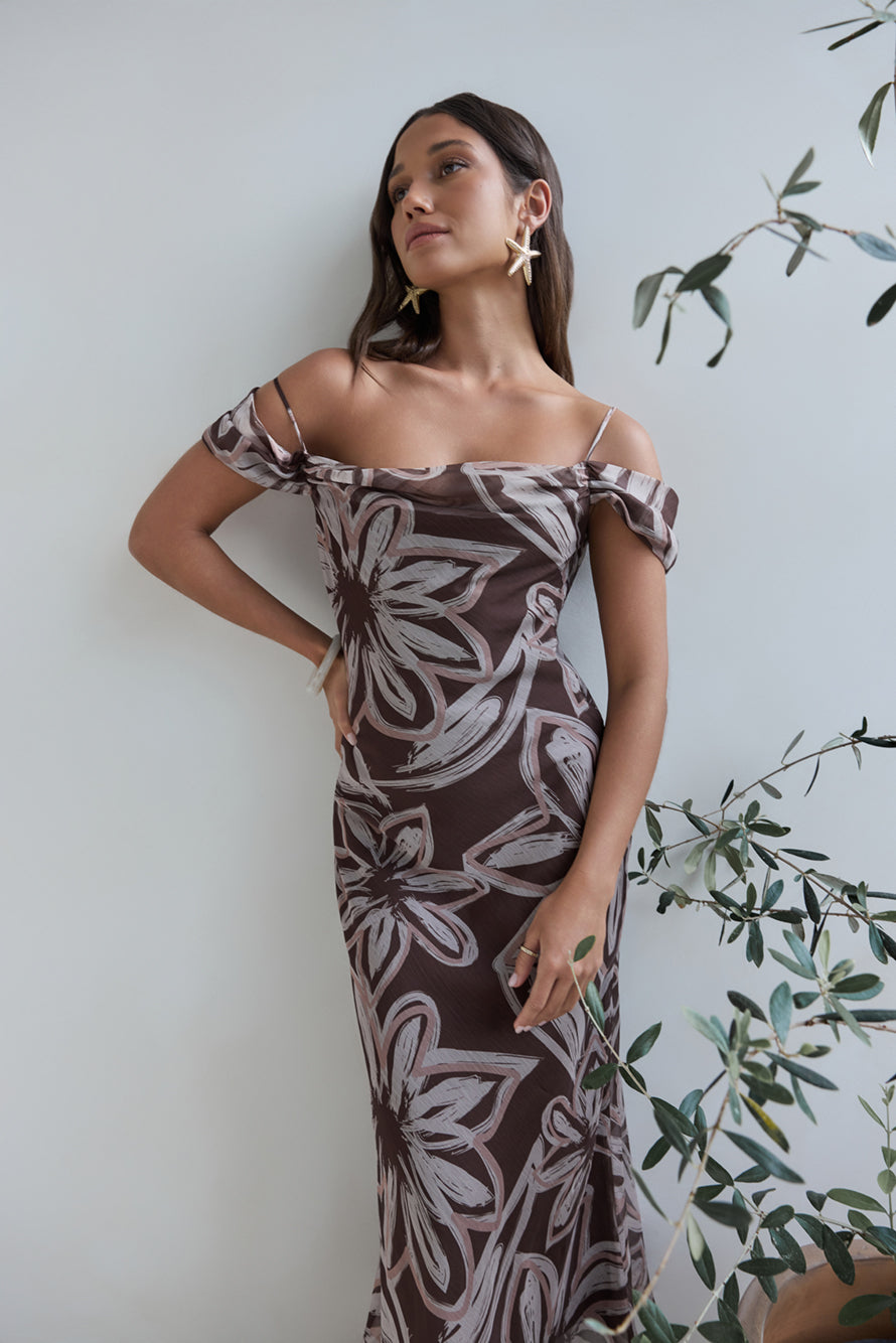 Desert Flower Off Shoulder Maxi Dress Brown