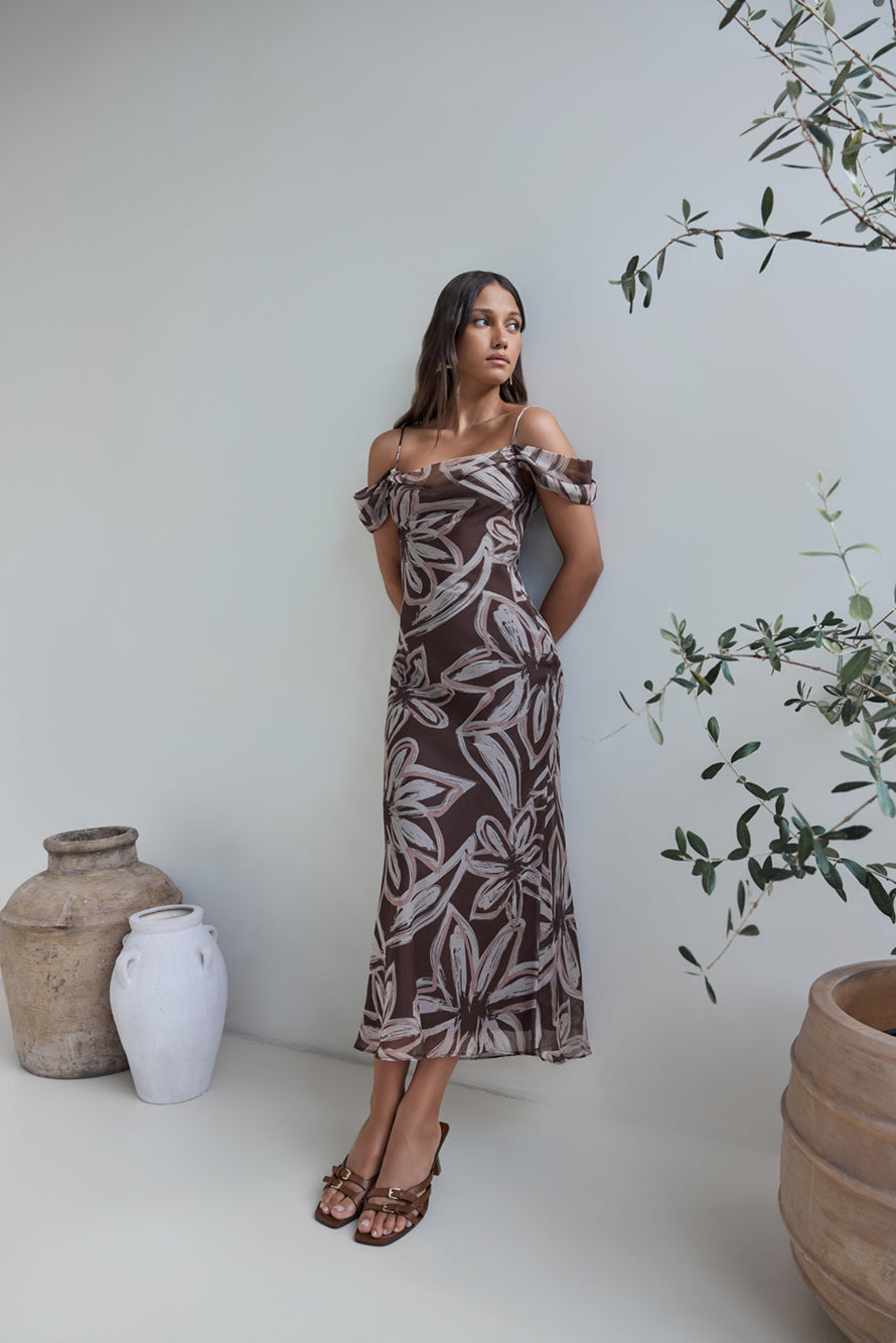 Desert Flower Off Shoulder Maxi Dress Brown