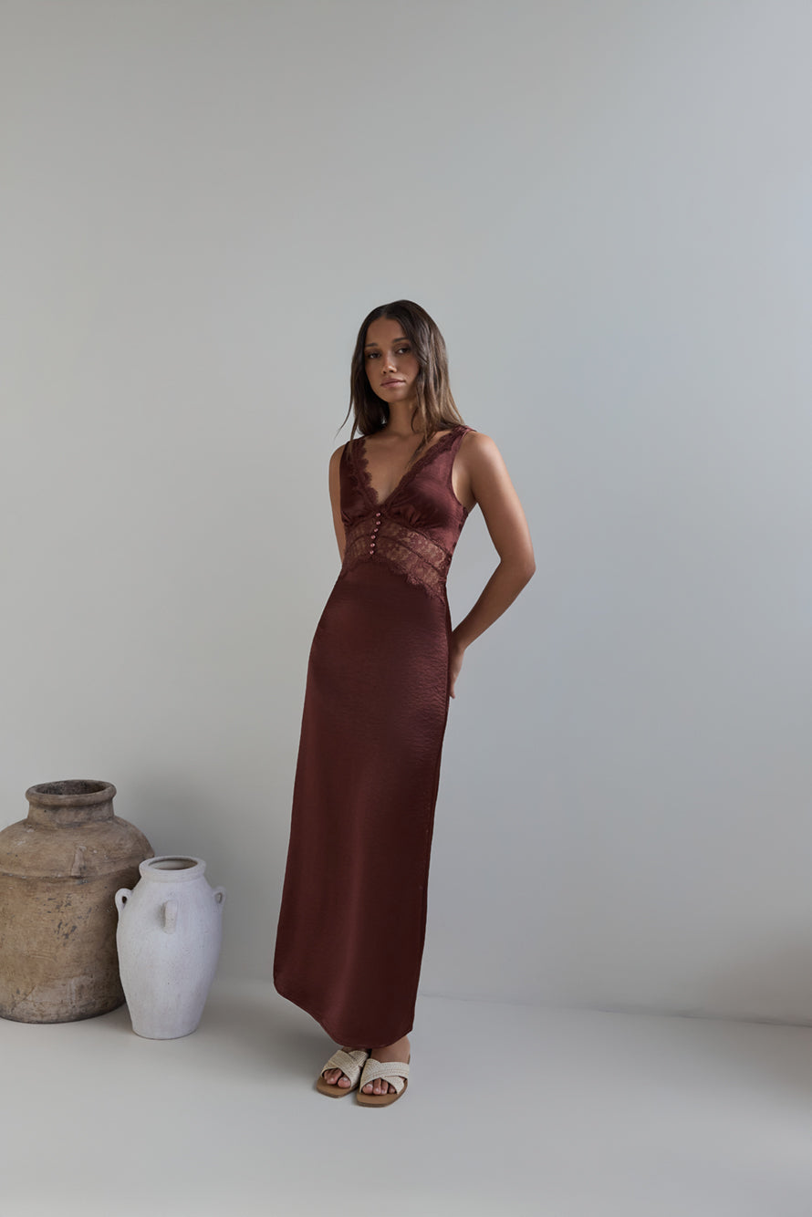 Romantic One Satin Maxi Dress Brown