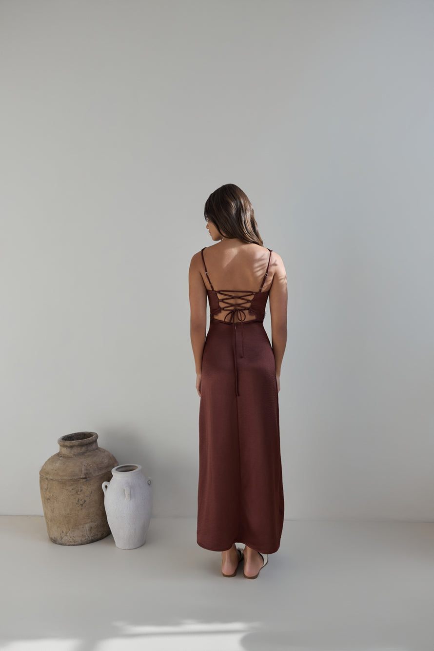 Romantic One Satin Maxi Dress Brown