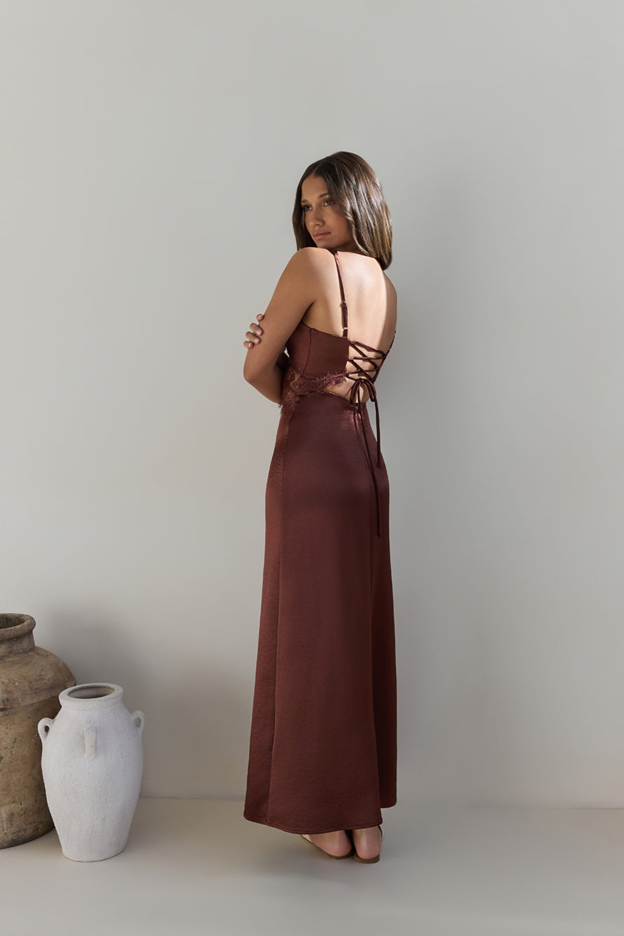 Romantic One Satin Maxi Dress Brown