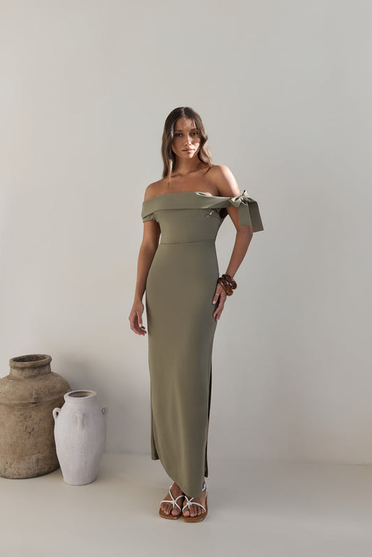 Summer Social Off Shoulder Maxi Dress Green