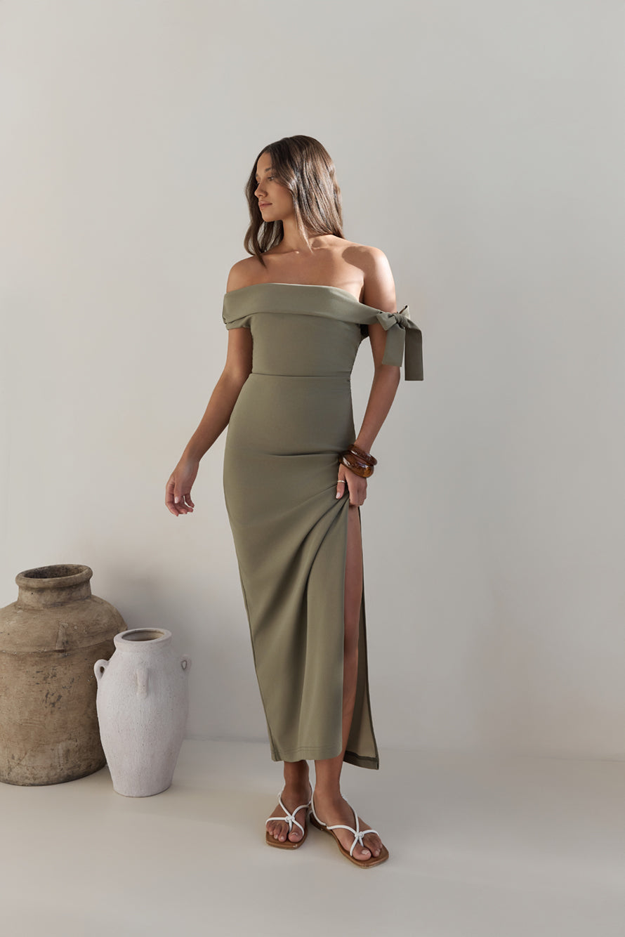 Summer Social Off Shoulder Maxi Dress Green