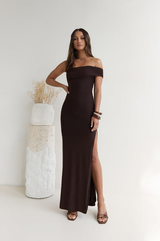 Siren Song One Shoulder Mesh Maxi Dress Espresso