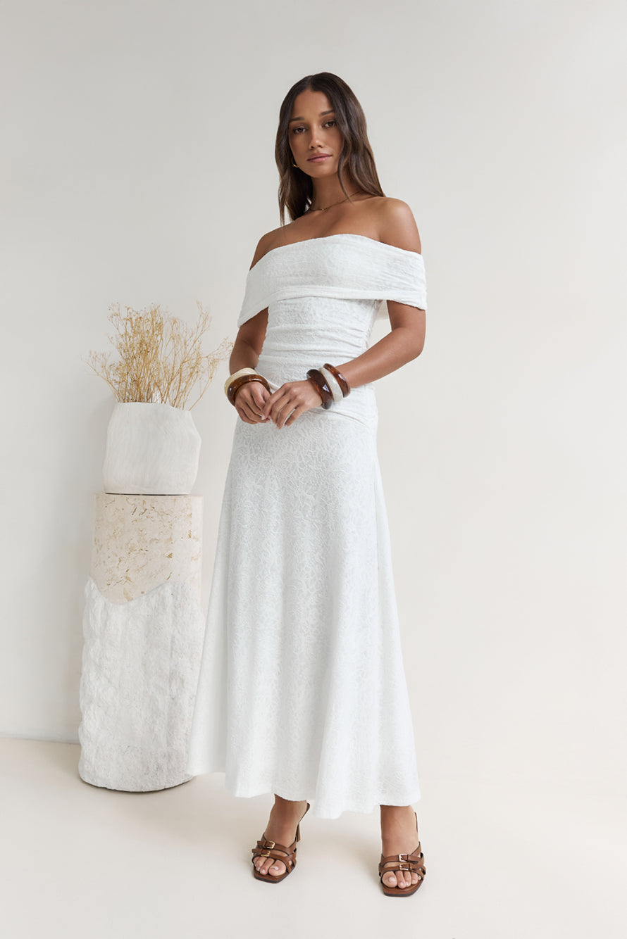 Secret Shorelines Off Shoulder Maxi Dress White