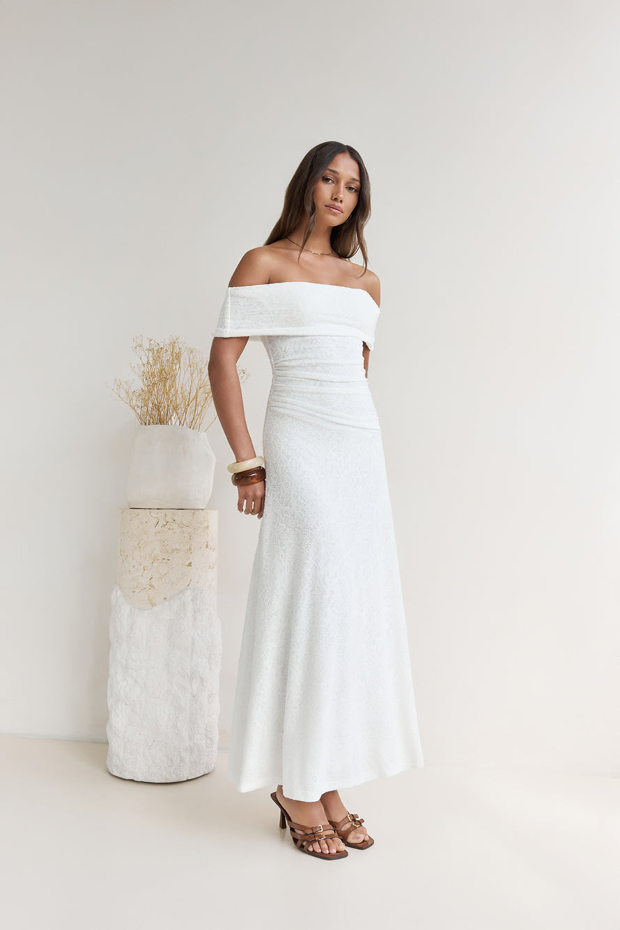 Secret Shorelines Off Shoulder Maxi Dress White