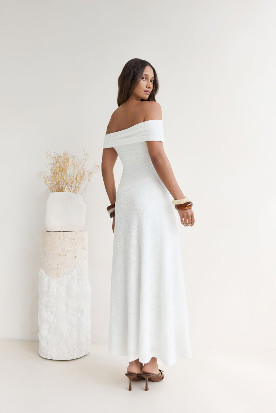 Secret Shorelines Off Shoulder Maxi Dress White