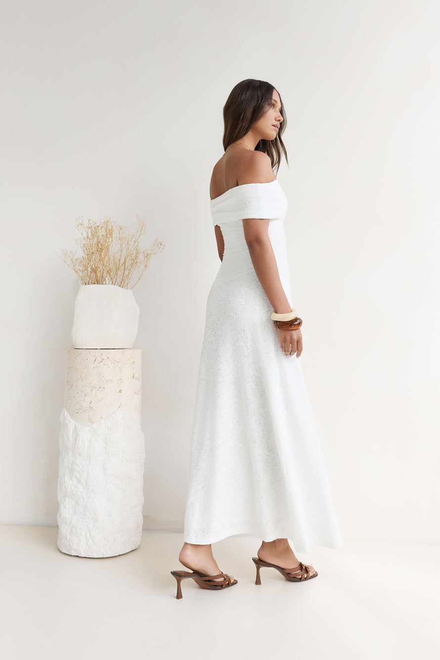 Secret Shorelines Off Shoulder Maxi Dress White