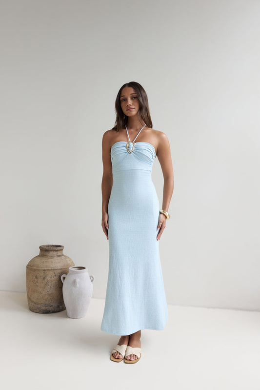 Karmic Blessing Strapless Halter Maxi Dress Blue