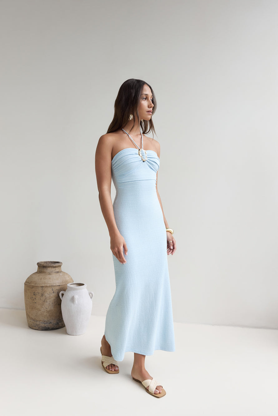 Karmic Blessing Strapless Halter Maxi Dress Blue