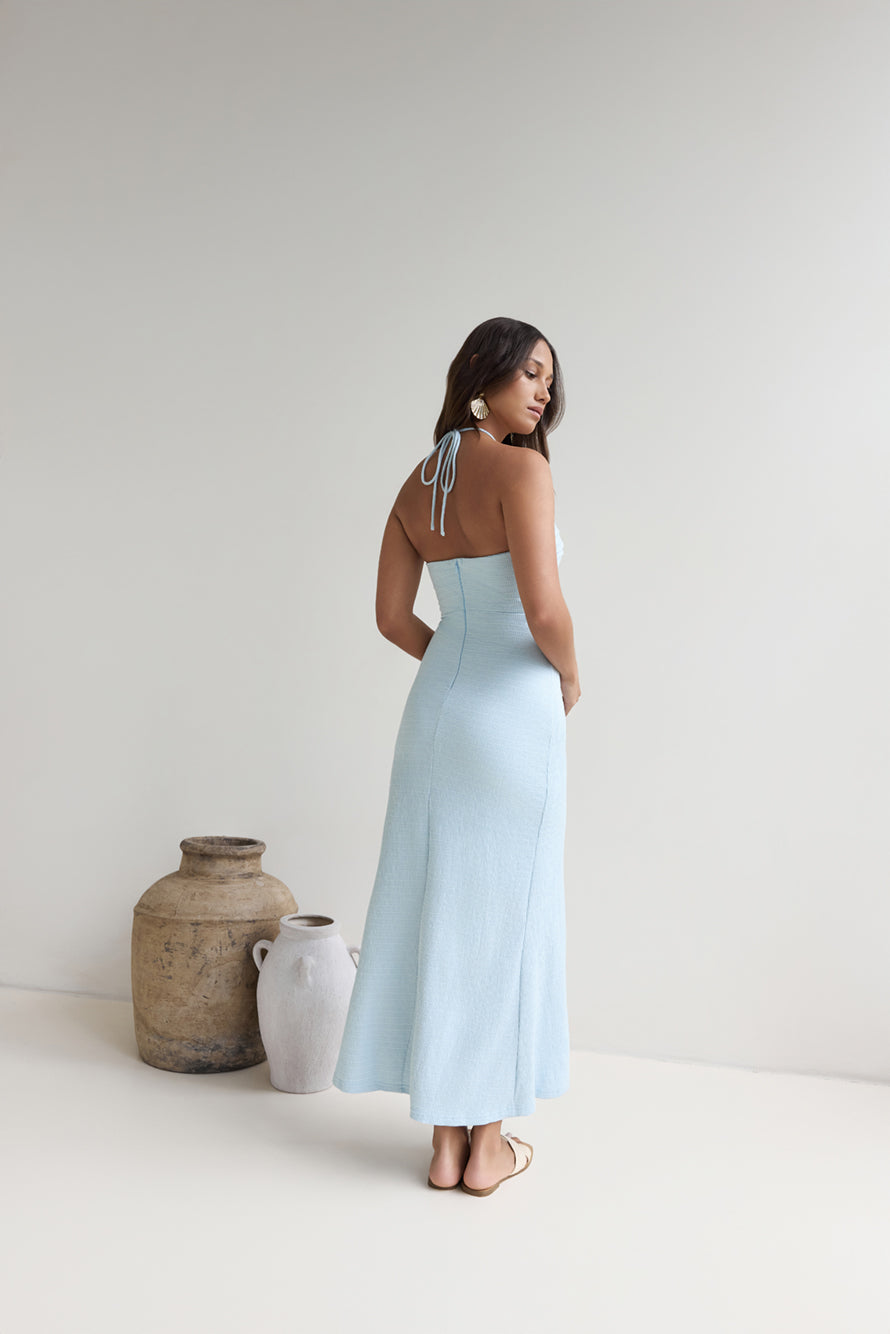 Karmic Blessing Strapless Halter Maxi Dress Blue