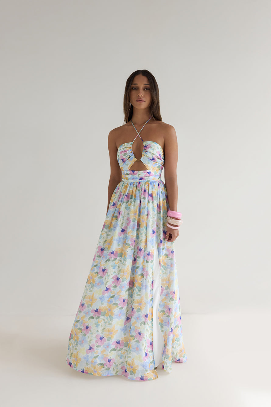 Hibiscus Hues Halter Maxi Dress Print