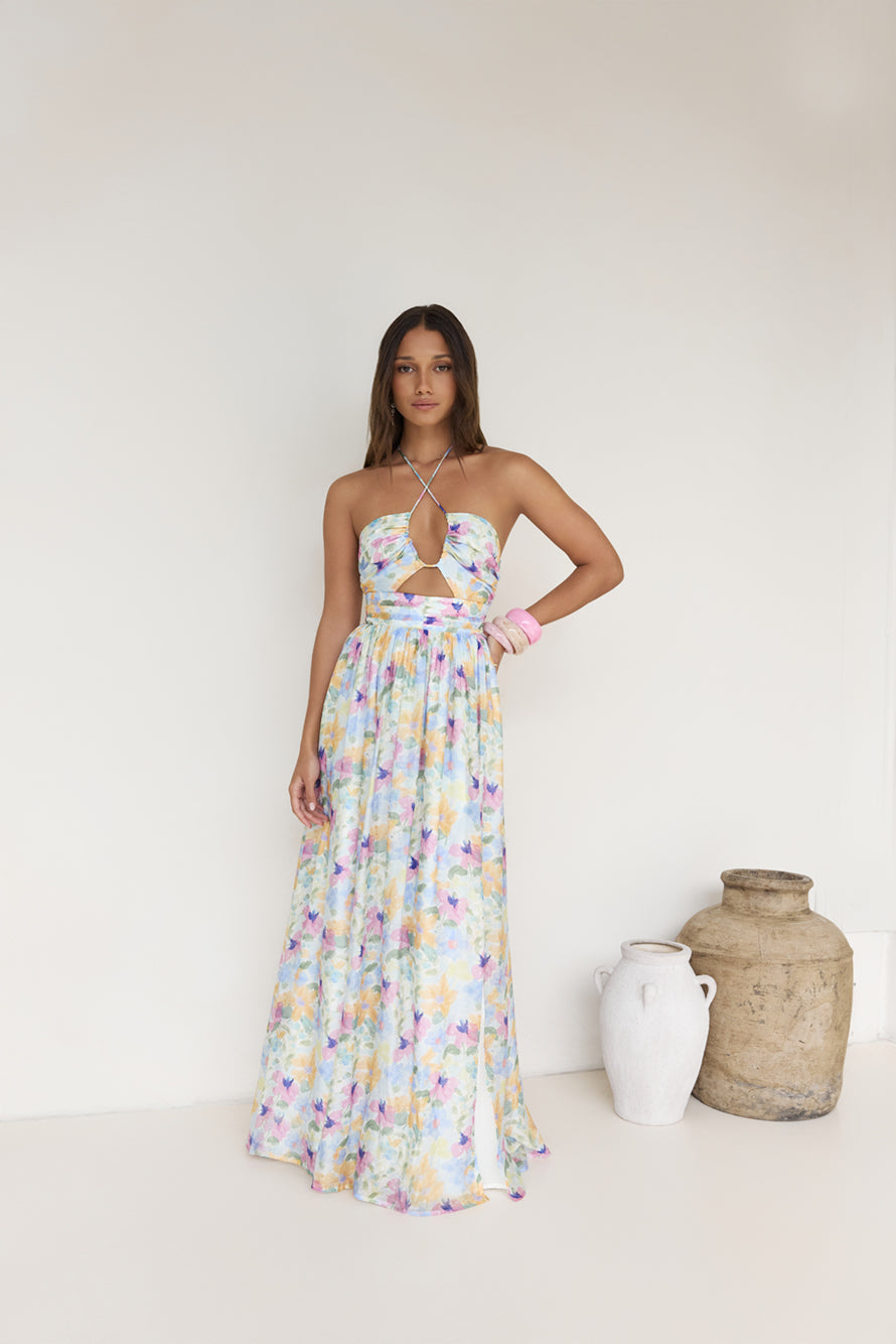 Hibiscus Hues Halter Maxi Dress Print