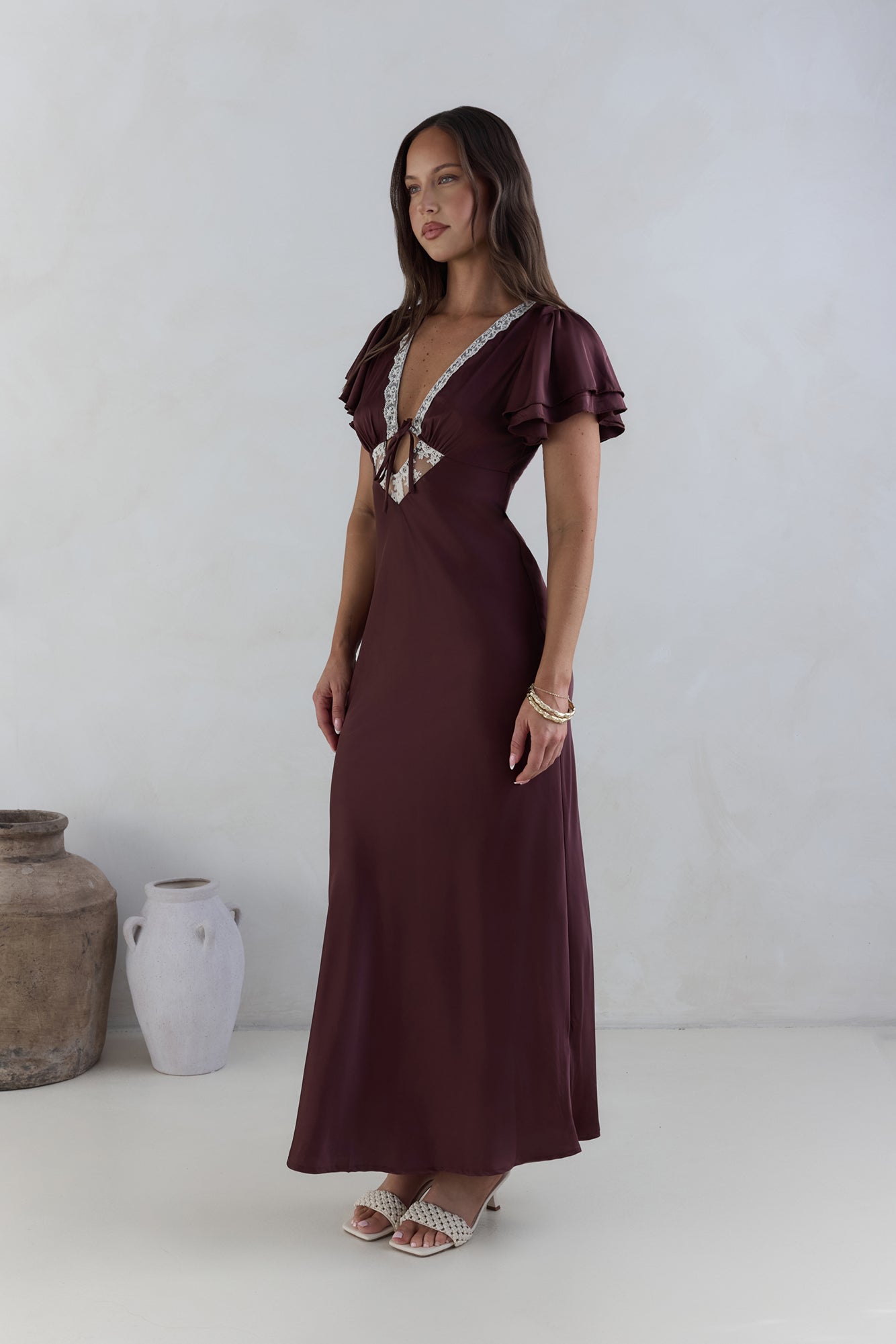 Postcard Dreams Satin Maxi Dress Brown