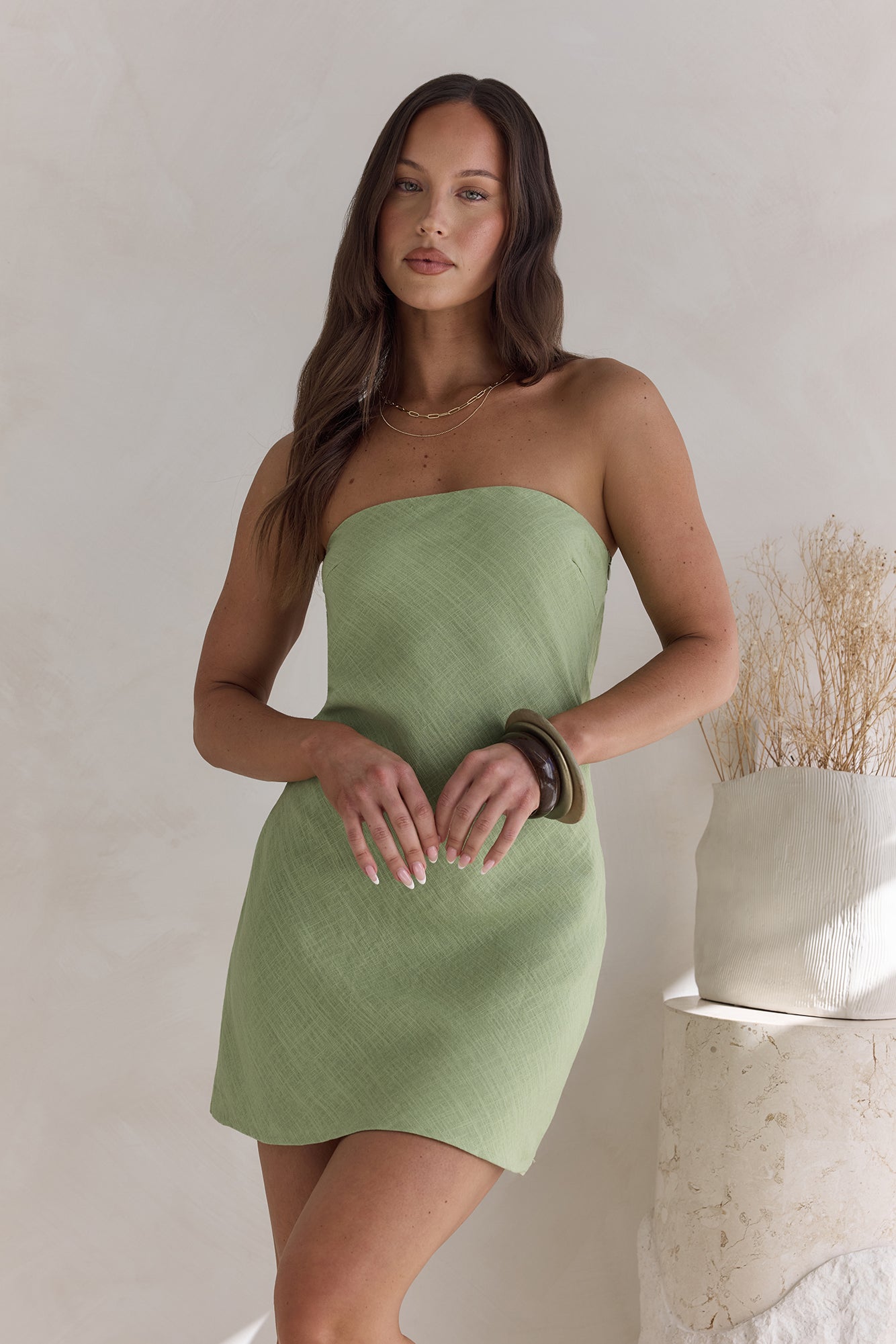 High Spirits Linen Mini Dress Sage