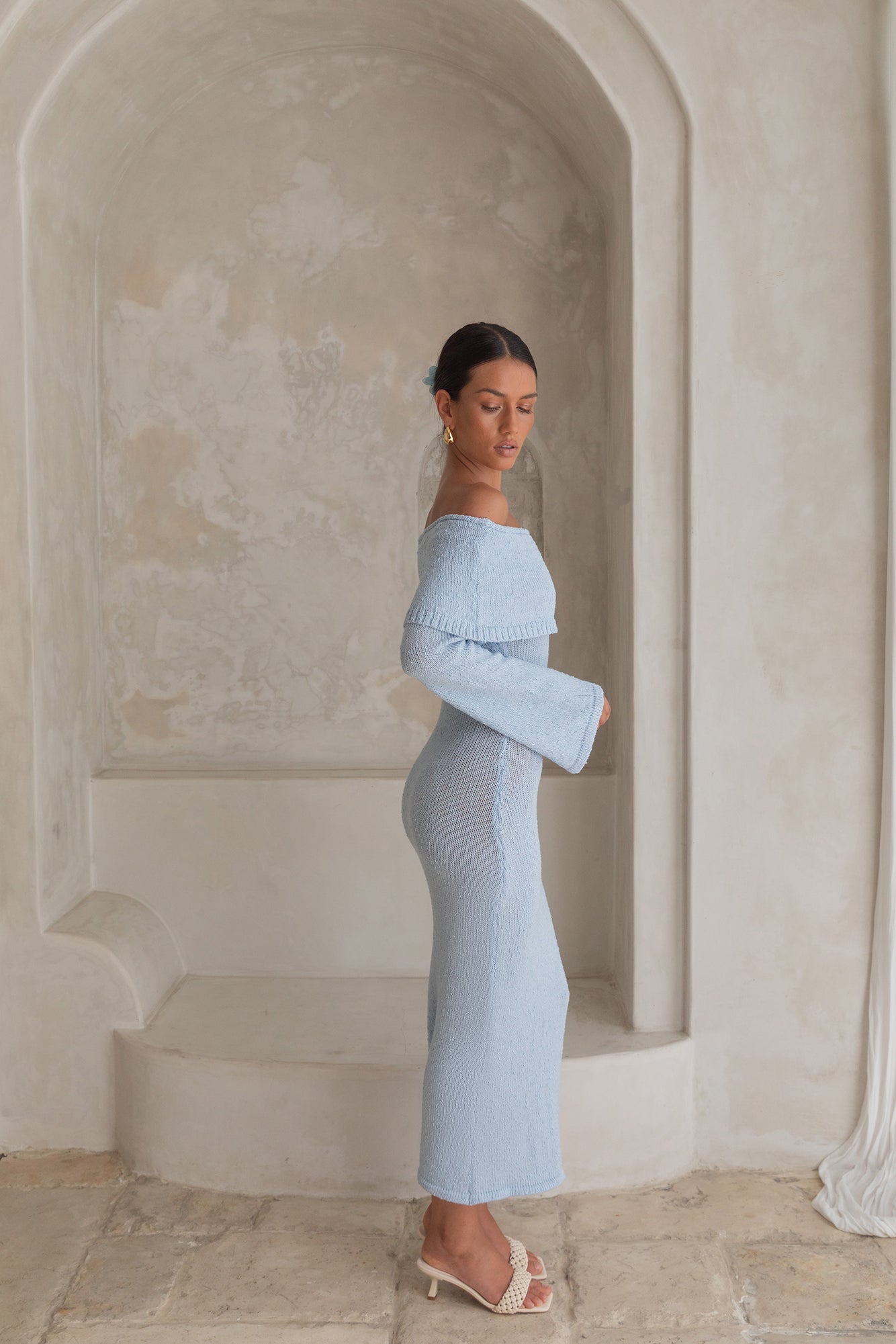 Cabana Crush Off Shoulder Knit Midi Dress Blue