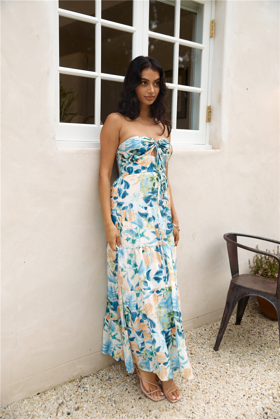 Rainforest Oasis Strapless Maxi Dress Blue