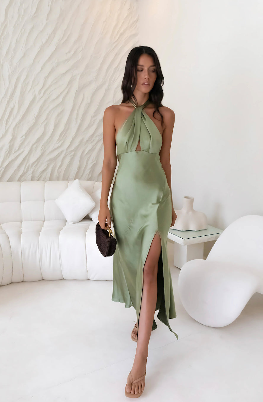 In My Feelings Satin Maxi Dress Olive