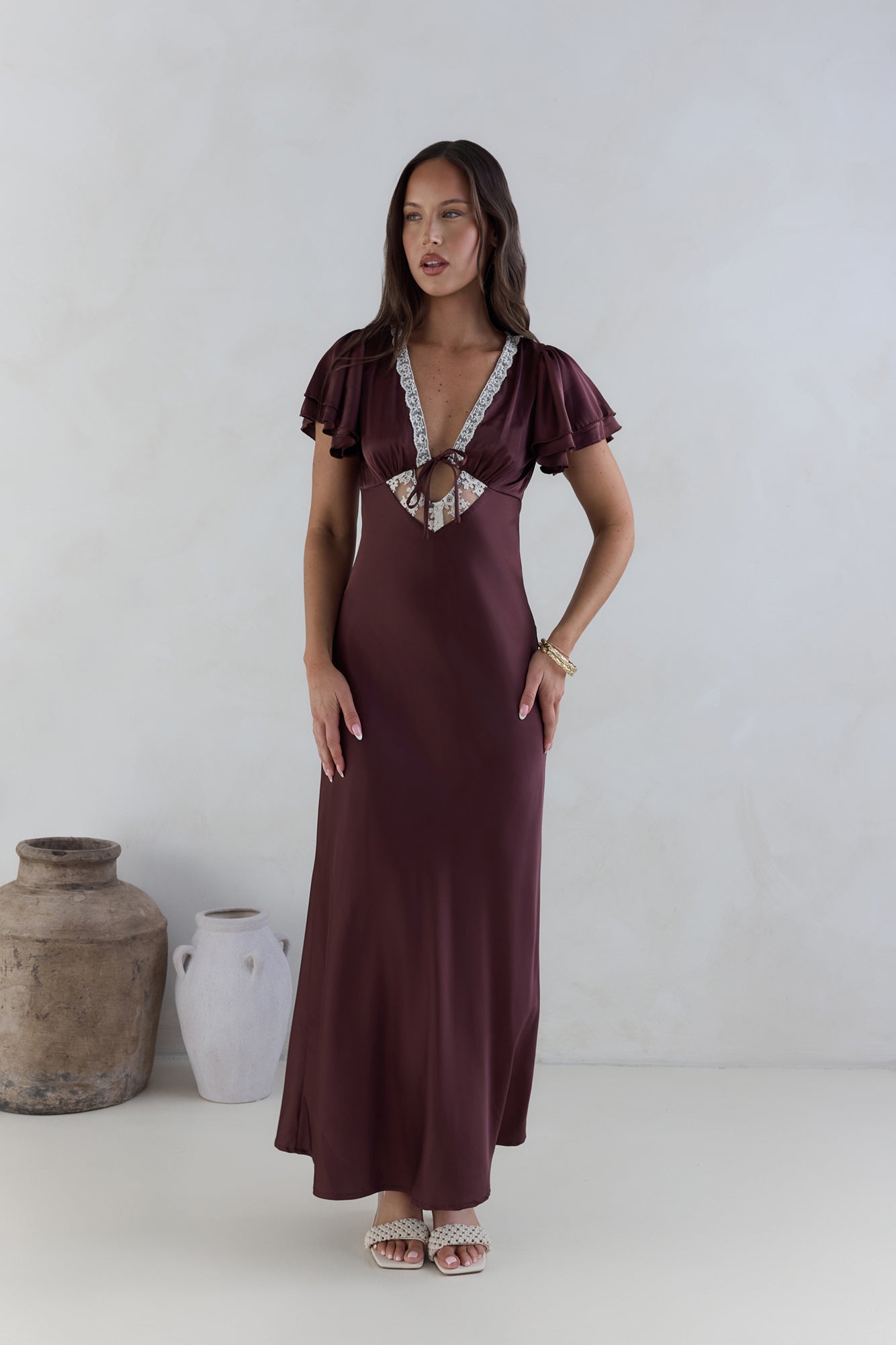 Postcard Dreams Satin Maxi Dress Brown