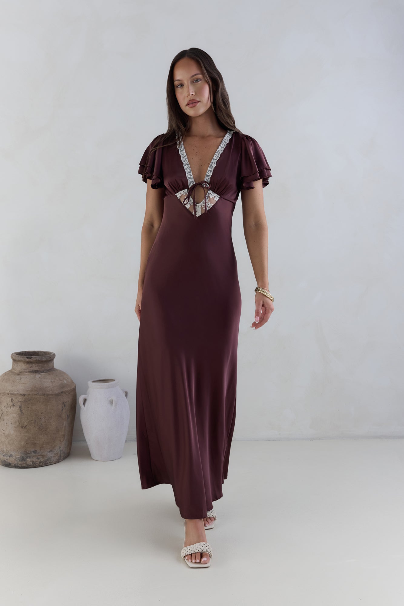 Postcard Dreams Satin Maxi Dress Brown