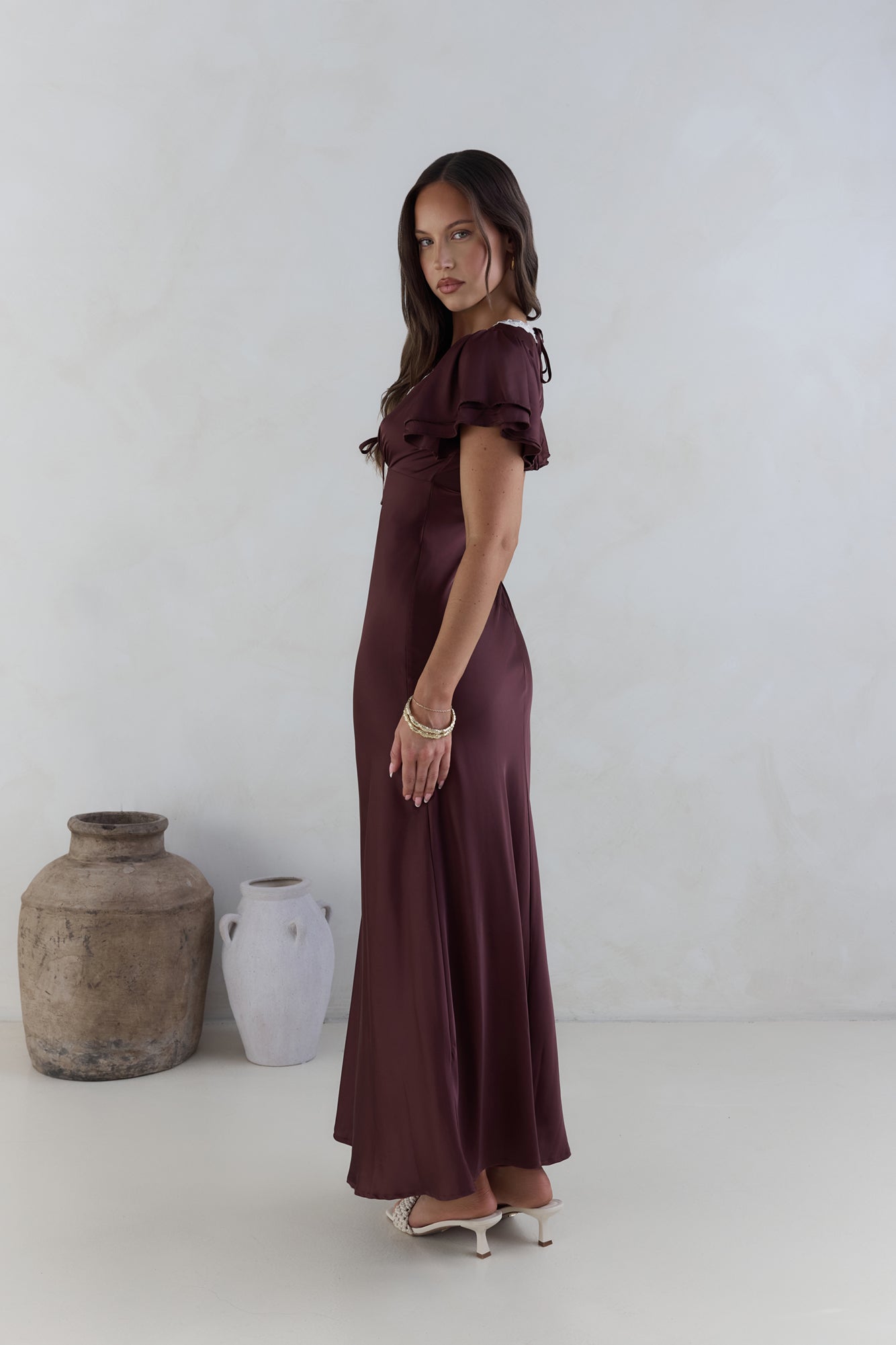 Postcard Dreams Satin Maxi Dress Brown