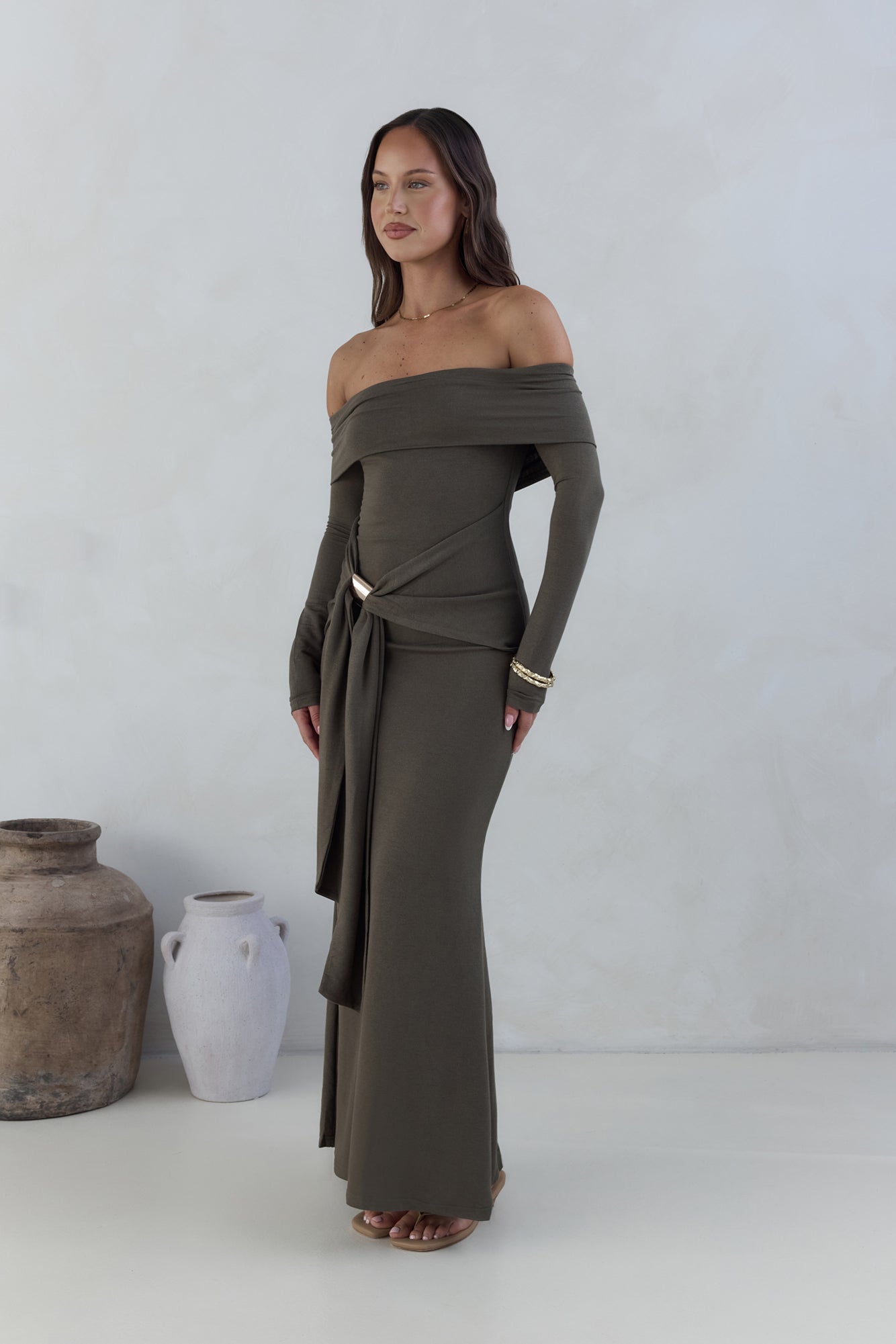 The Getaway Edit Off Shoulder Maxi Dress Olive