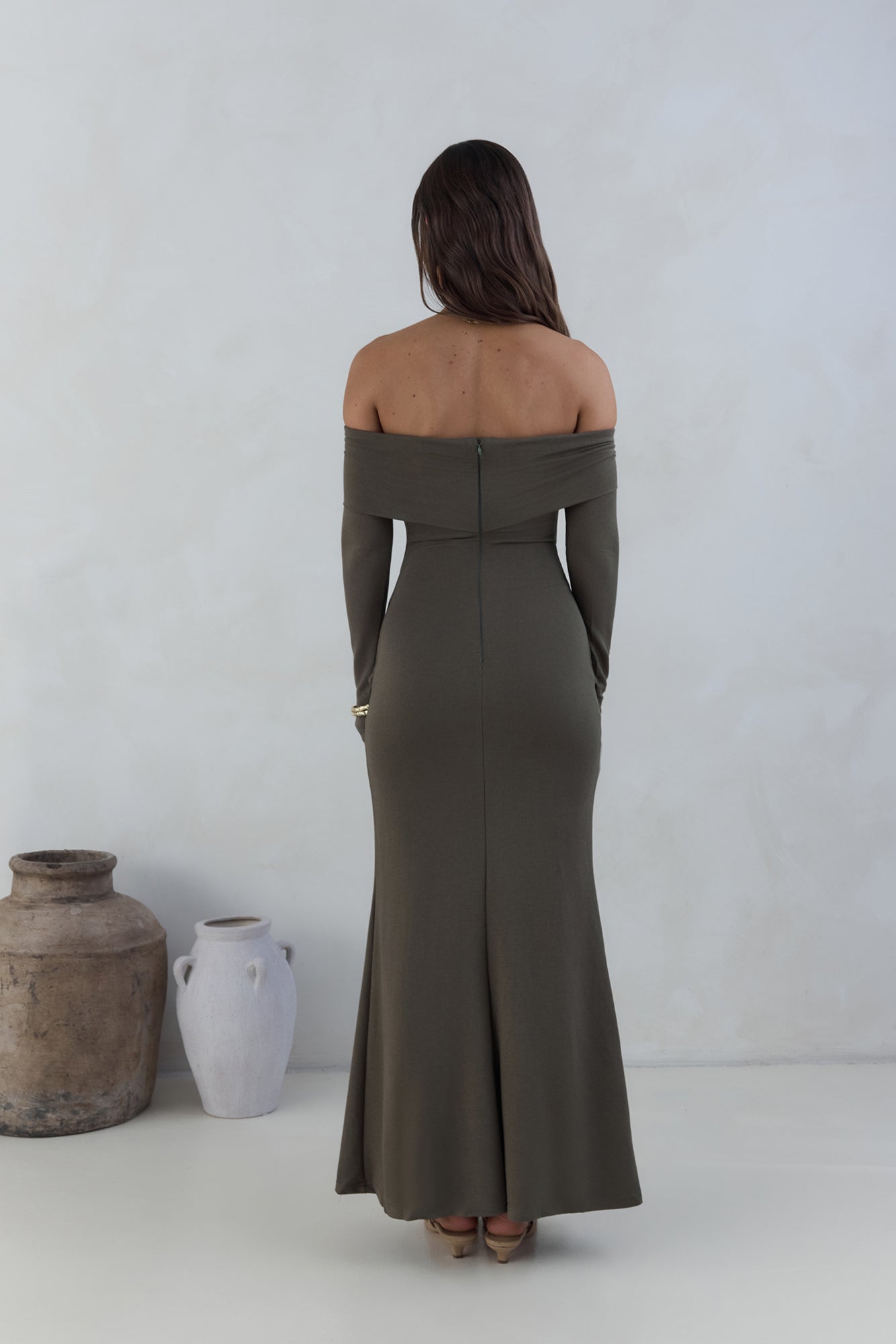 The Getaway Edit Off Shoulder Maxi Dress Olive