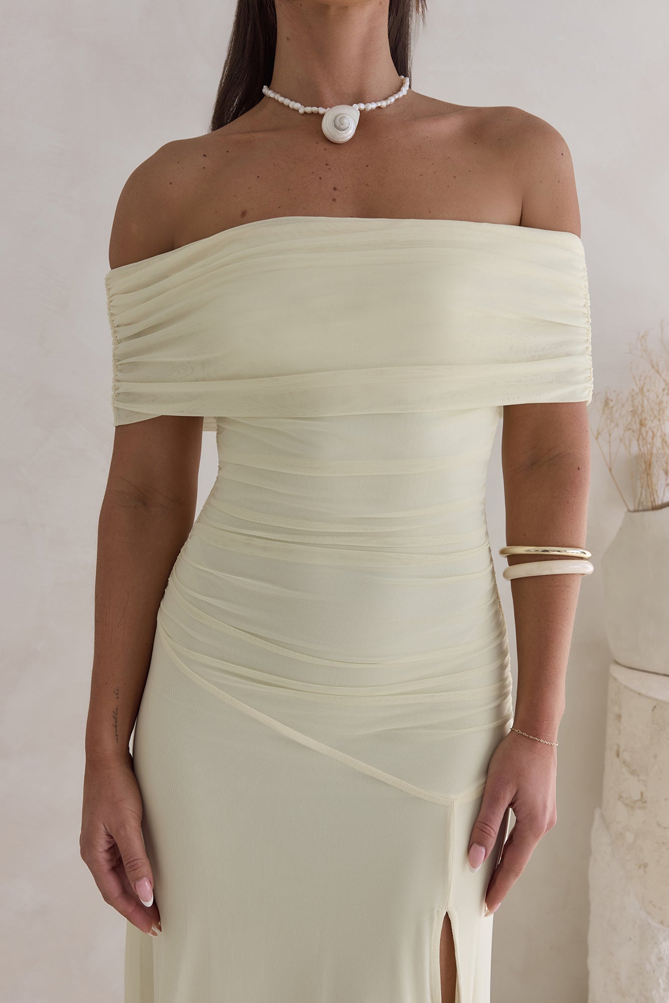 Santorini Strolls Off Shoulder Midi Dress Yellow